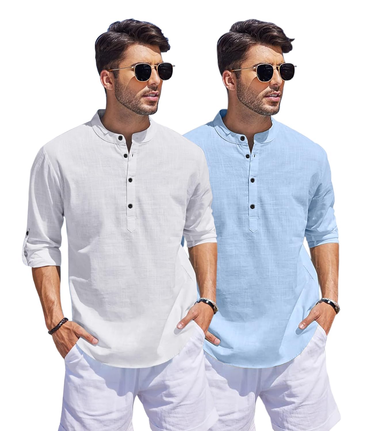 Bellstone Men'S Cotton Blend Solid Regular Fit Dress Shirt (Kurta1500_Combo_White & Sky_Xl