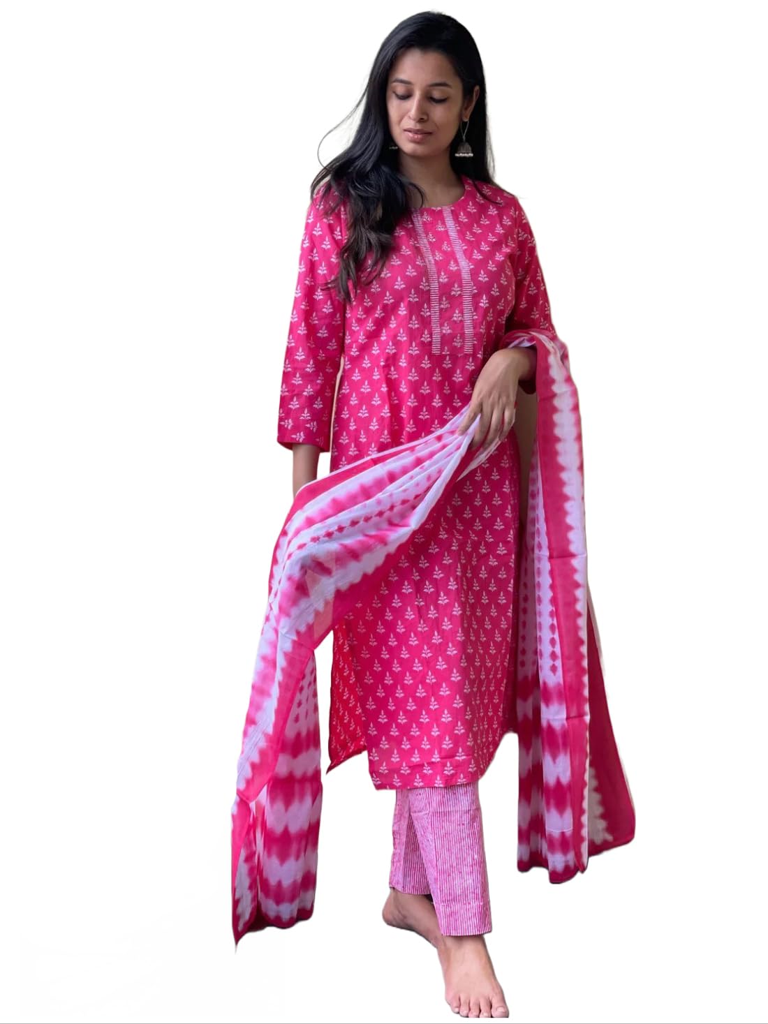 Gosriki Women'S Cotton Blend Straight Printed Kurta With Pant & Dupatta (Noor Pink-Gs_Xl_Pink_X-Large),Pink,,B0CC5X9LXH