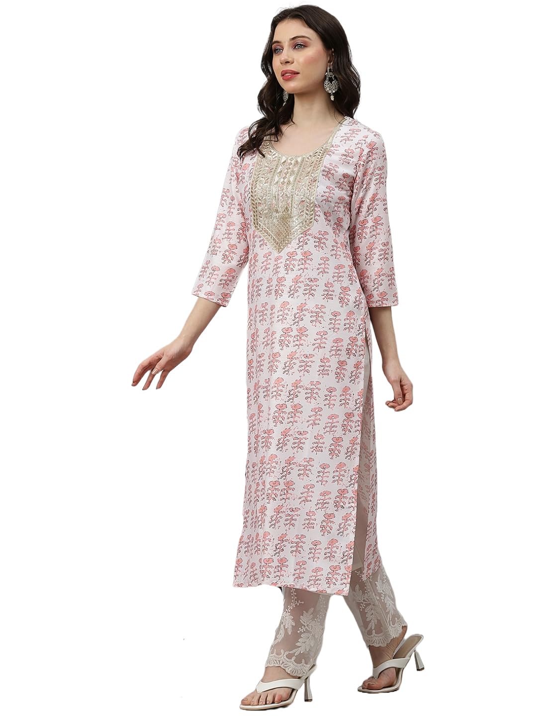 Anni Designer Women'S Cotton Blend Straight Yoke Design Printed Kurta (Chameli Peach-Kfv_S_Peach_Small),Peach,S