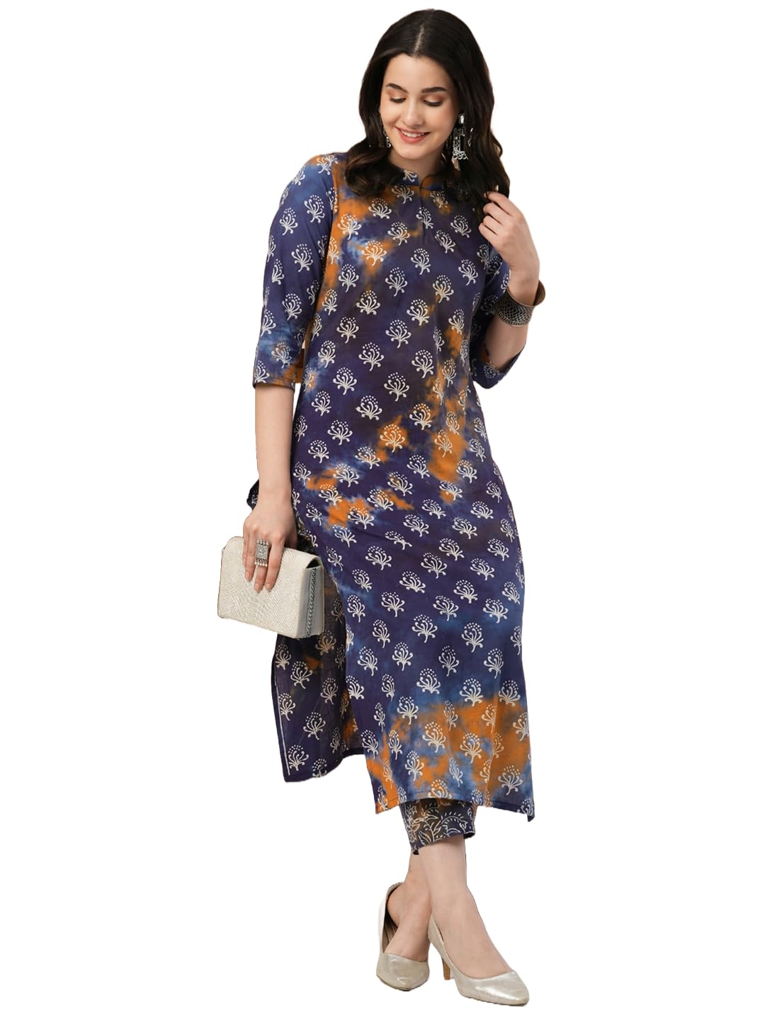 Anni Designer Women'S Cotton Blend Straight Printed Kurta With Pant (Sitana Blue_Xl_Blue_X-Large),Blue,XL