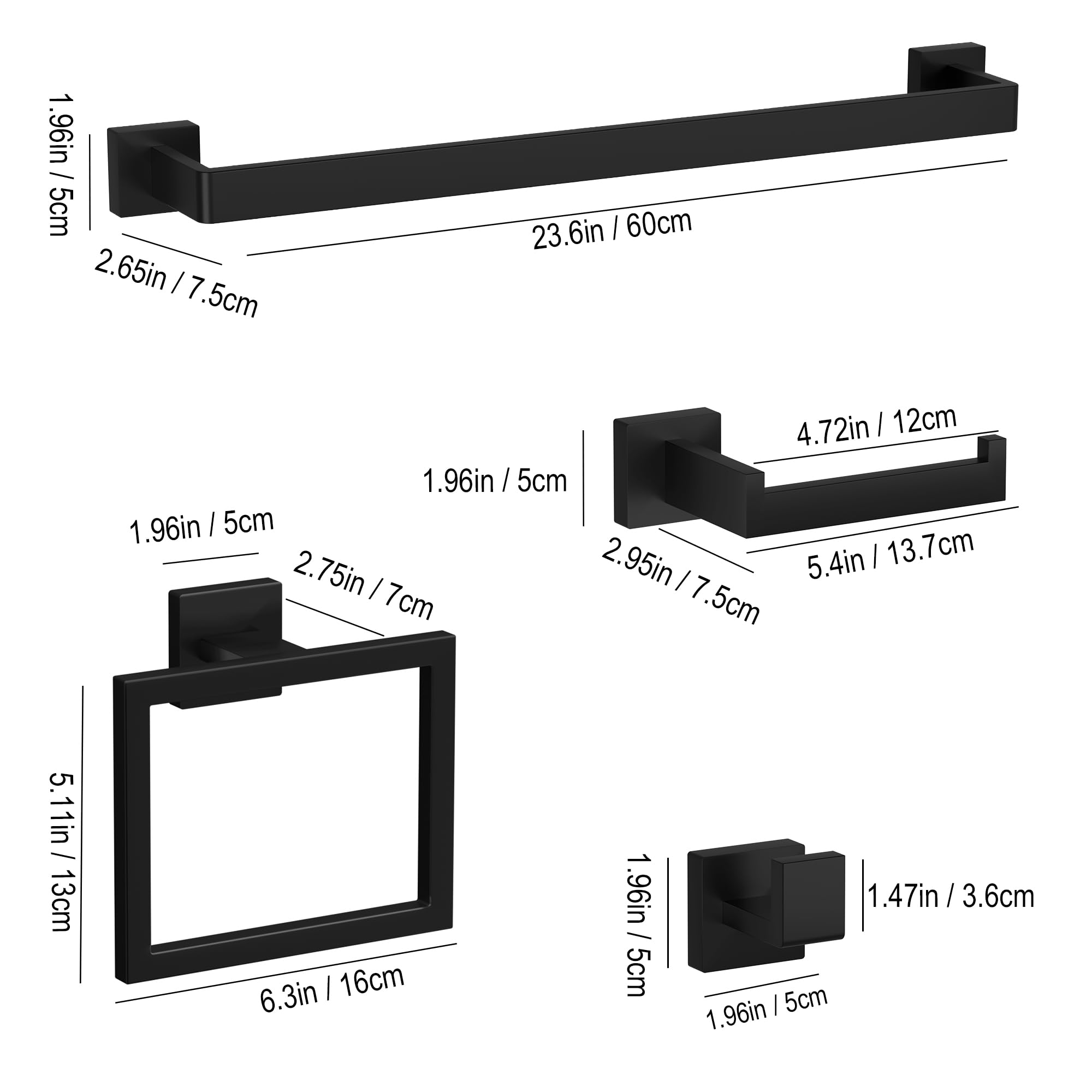 10-Pieces Matte Black Bathroom Accessories Set, 23.6 Inch Bath Towel Bar Set, SUS 304 Stainless Steel Bathroom Hardware Set, Tow