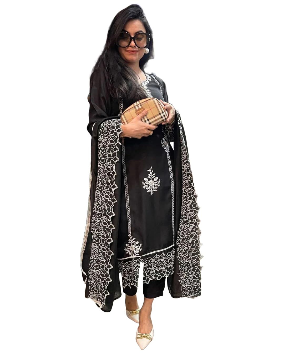 Anni Designer Women'S Rayon Blend Straight Embroidered Kurta With Pant & Dupatta (Trp Black-Nm_3Xl_Black_Xxx-Large),Black,3XL