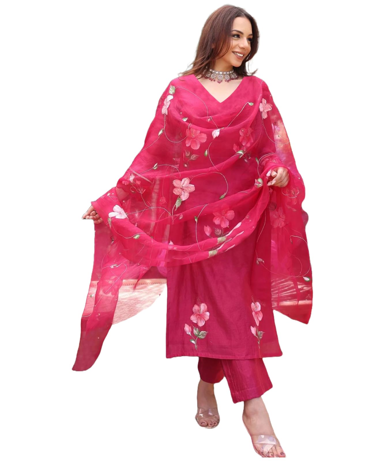 Anni Designer Women'S Rayon Blend Straight Printed Kurta With Pant & Dupatta (Roka Rani_4Xl_Pink_Xxxx-Large),Pink,4XL