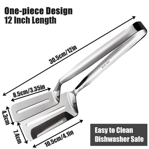 12 Inch Long Cooking Spatula Tong, 304 Stainless Steel, Slotted Double Spatula, Cooking&Serving Utensil for Holding&Flipping Ste