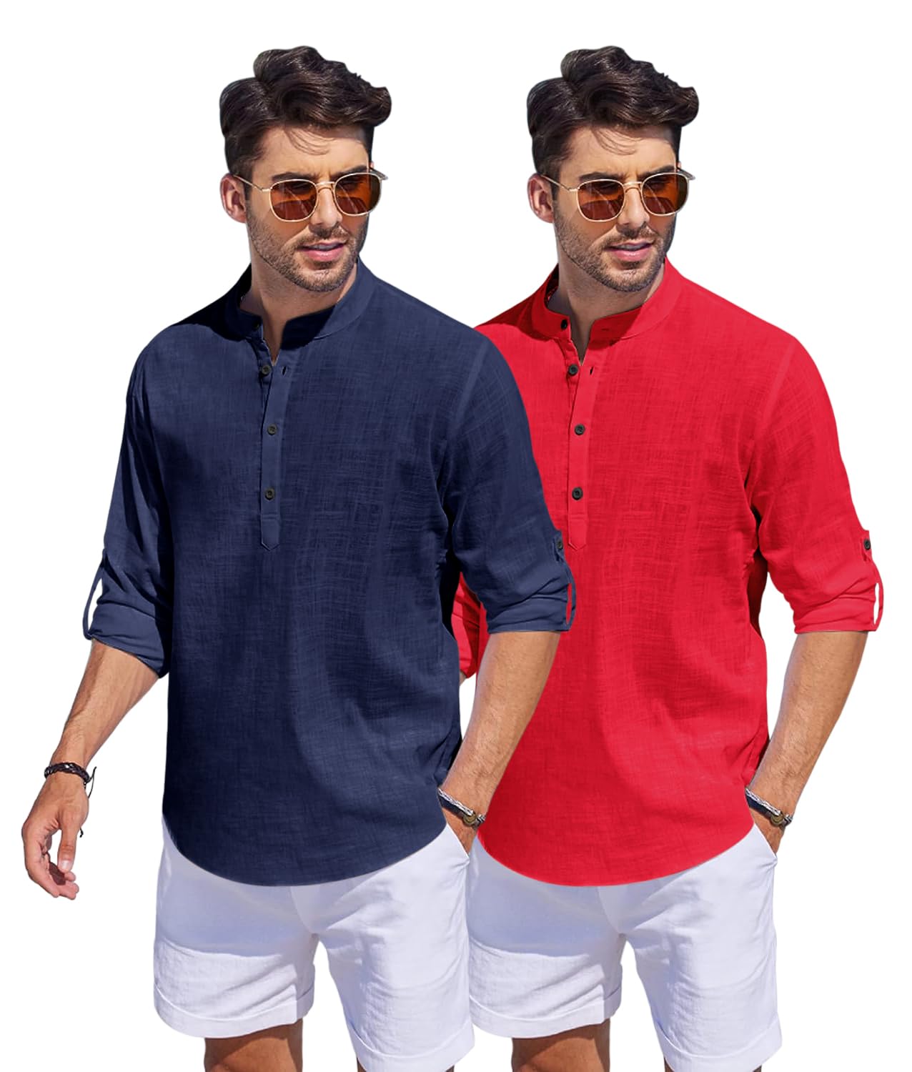 Bellstone Men'S Cotton Blend Solid Regular Dress Shirt (Kurta1500_Combo_Navy & Red_S
