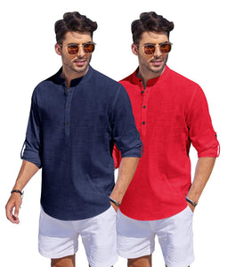 Bellstone Men'S Cotton Blend Solid Regular Fit Dress Shirt (Kurta1500_Combo_Navy & Red_Xl
