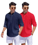 Bellstone Men'S Cotton Blend Solid Regular Fit Dress Shirt (Kurta1500_Combo_Navy & Red_Xl