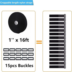 16Ft 1 inch Wide Cable Straps with 15 Buckles, Reusable Heavy Duty Hook and Loop Straps, Adjustable Straps for Home, Office, Des