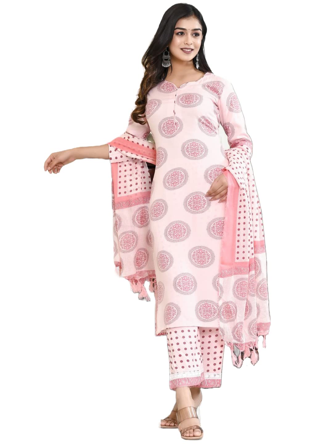 Anni Designer Women'S Cotton Blend Straight Printed Kurta With Palazzo & Dupatta (Chhapa-Pink-Cmd_L_Pink_Large),Pink,L