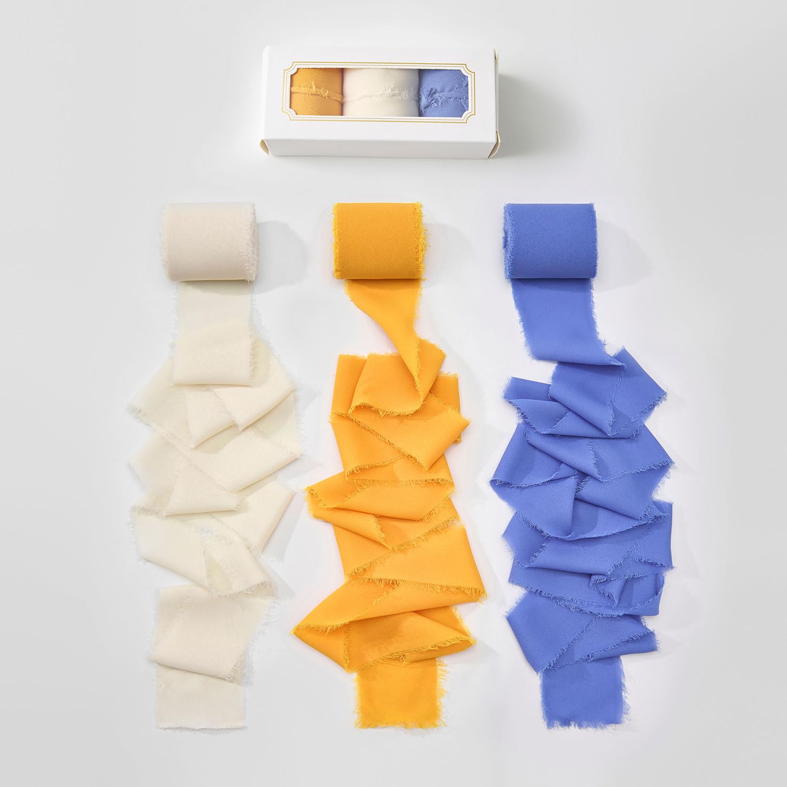 Pretty Jolly Orange Blue Chiffon Ribbon for Gift Wrapping 3 Rolls 2 Inch x 7Yd Silk Ribbons Handmade Fringe Fabric Ribbon for Fl