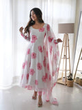 Women Floral Print Anarkali Kurta With Pant And Duptta (Large White-Pink),White-pink,L,Georgette,Anarkali,Dupatta