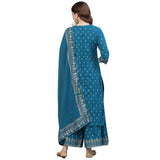 Ishin Women'S Cotton Embroidered A-Line Kurta Suit Set With Dupatta & Sharara Xykplpmmp-3017D_M_Teal
