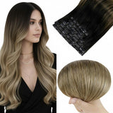 Full Shine Clip in Hair Extensions Real Human Hair Black Root Light Brown Mix Blonde Seamless Hair Extensions Clip in with PU We