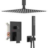 Iriber Matte Black Ceiling Mount Rain Shower System with 12 Inch Shower Head and Handheld Bathroom Square Shower Faucet Set Cont