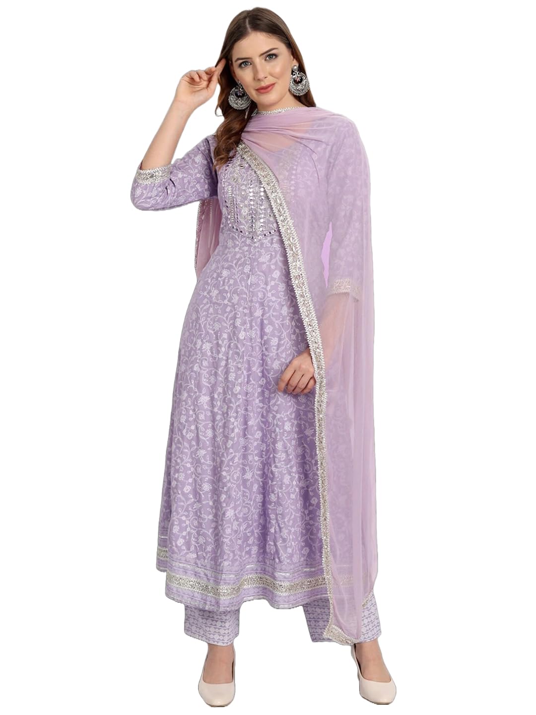 Anni Designer Women'S Cotton Blend Embroidered Regular Kurta With Pant & Dupatta (Hitmyn-Purple Small),Purple,S,,,
