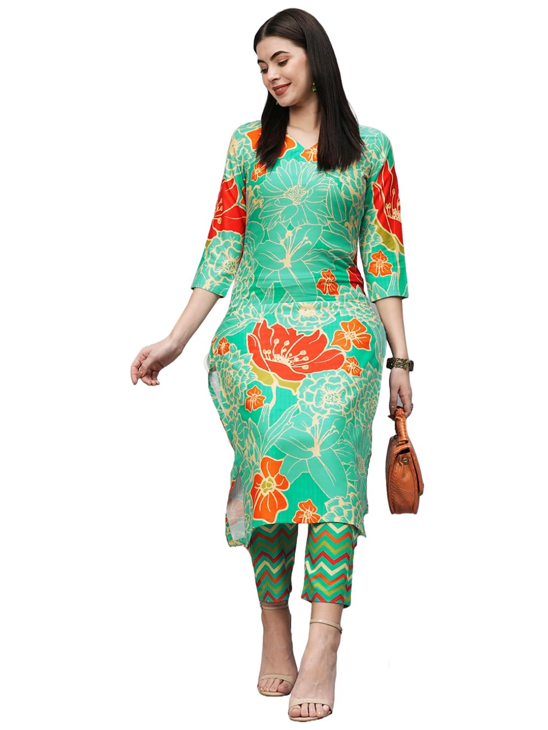Anni Designer Women'S Cotton Blend Straight Printed Kurta With Pant (Ndr Green_Xxl_Green_Xx-Large),Green,2XL