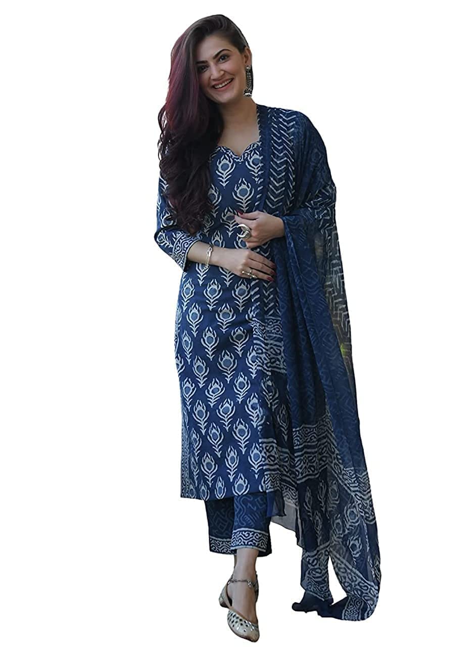 Gosriki Women'S Rayon Straight Printed Kurta With Pant & Dupatta (Bulgeriya Blue_4Xl-Go_Blue_Xxxx-Large),Blue,4,B0B6FH1TCQ