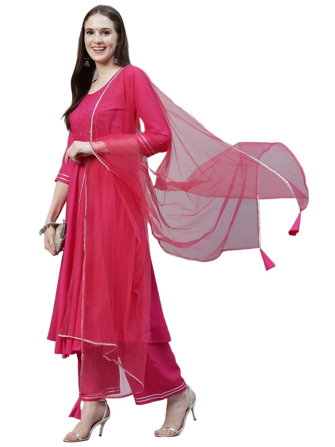 Anni Designer Women'S Cotton Blend Straight Kurta With Pant & Dupatta (Gumdi Pink_L_Pink_Large),Pink,L