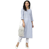 Gosriki Women'S Pure Cotton Printed Straight Kurta (Line Blue_New_L-Go_Blue_Large),Blue,,B0B4FX284S