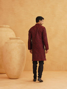 Sojanya (Since 1958 Men'S Maroon Jacquard Silk Only Long Kurta Size: Xl