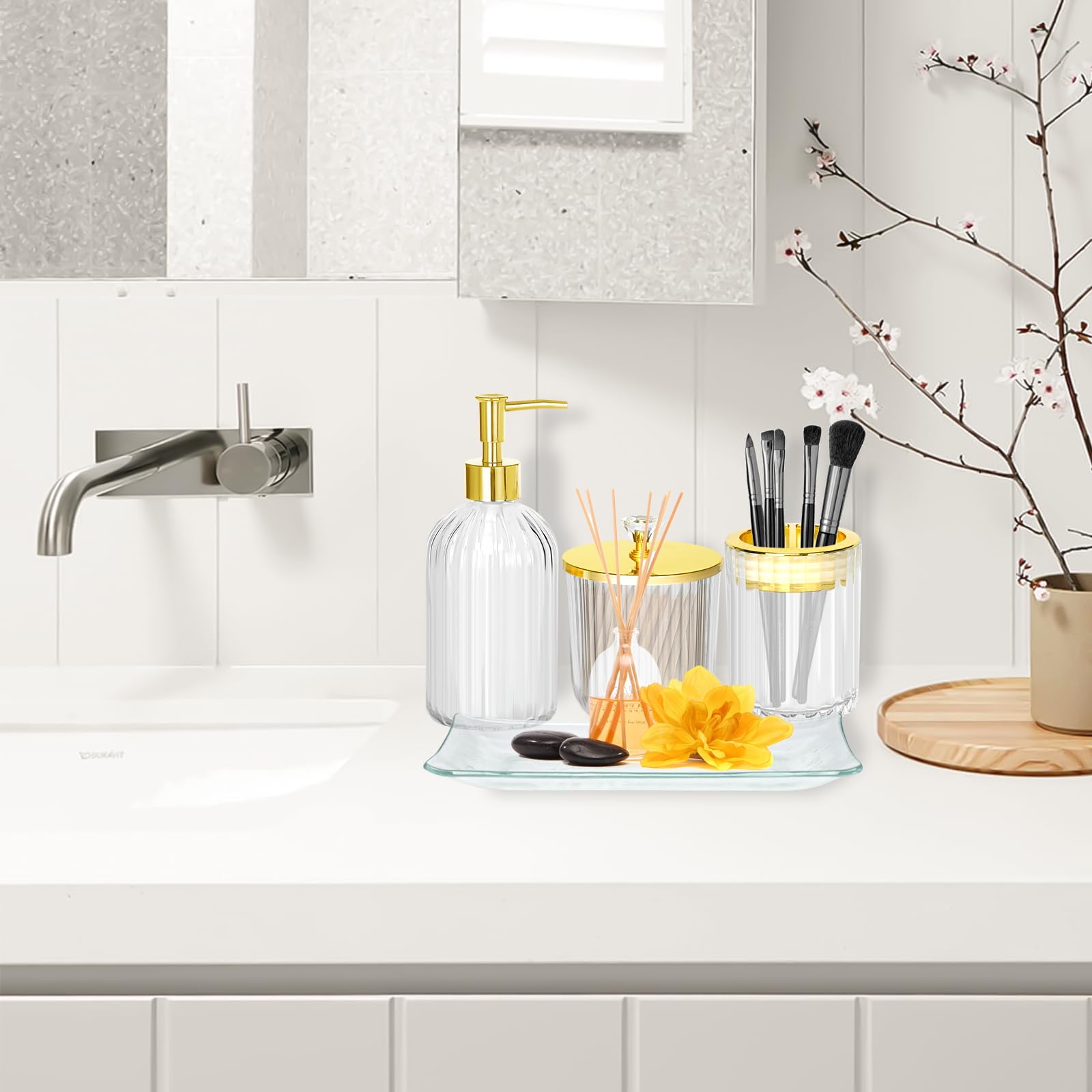 Bathroom Accessories Set, 4Pcs Clear and Gold Glass Bathroom Accessories Sets Complete w/Lotion Soap Dispenser, Toothbrush Holde