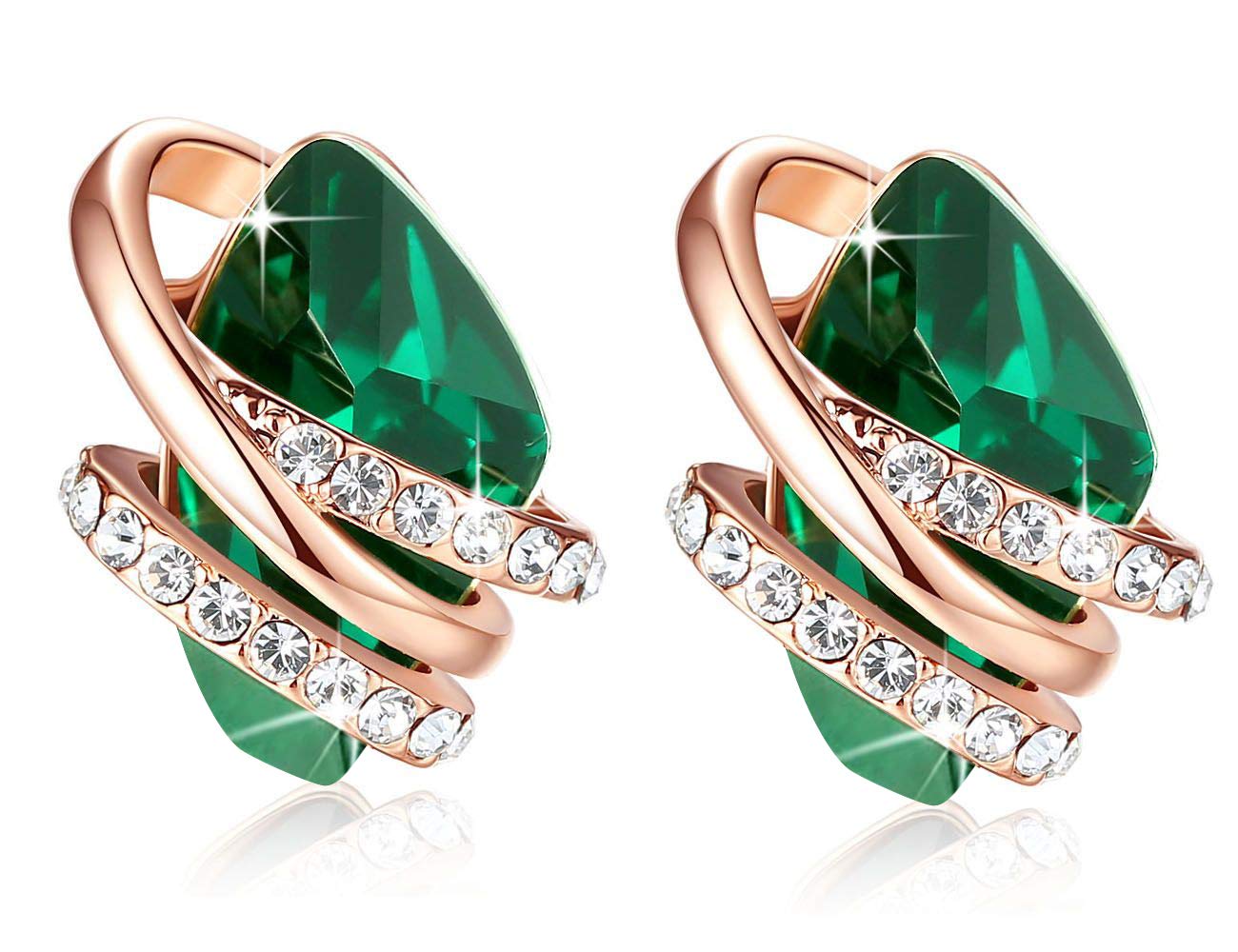 Leafael Wish Stone Stud Earrings with Emerald Green Birthstone Crystal, 18K Rose Gold Plated