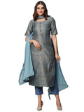 Anni Designer Women'S Cotton Blend Straight Printed Kurta With Pant & Dupatta (Luis Firoji_Xl_Blue_X-Large),Blue,XL