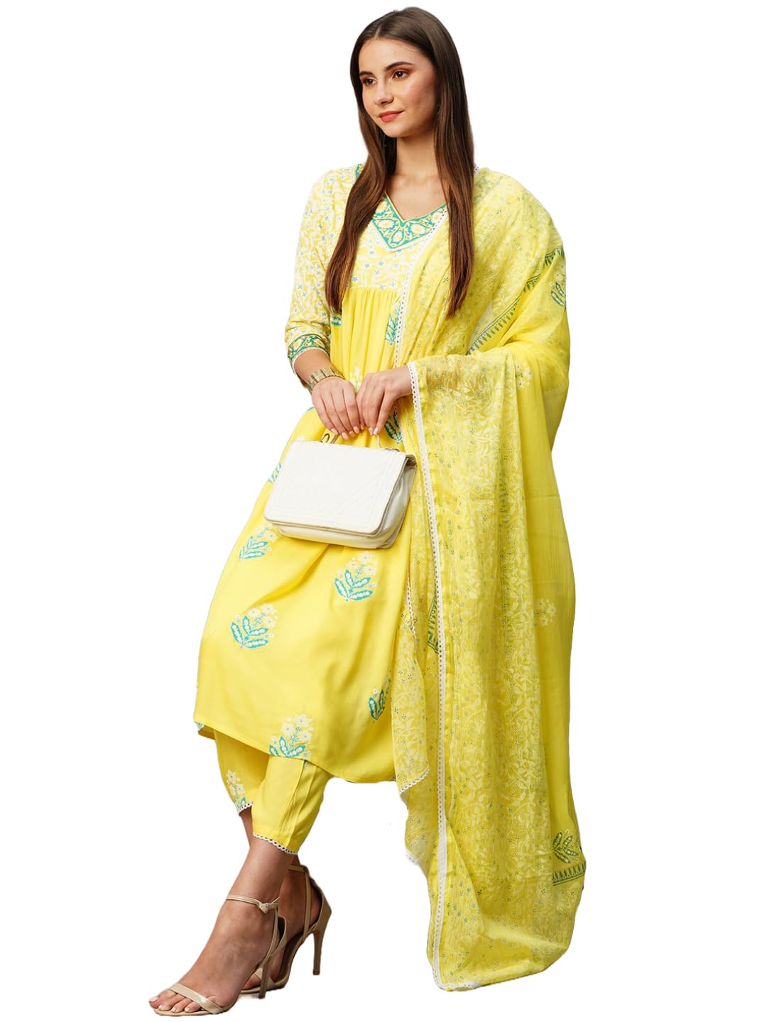 Gosriki Women'S Rayon Blend Anarkali Printed Kurta With Pant & Dupatta (Renu-Yellow-Kbv-Gs_L_Yellow_Large),Yellow,,B0CNLYWMXR