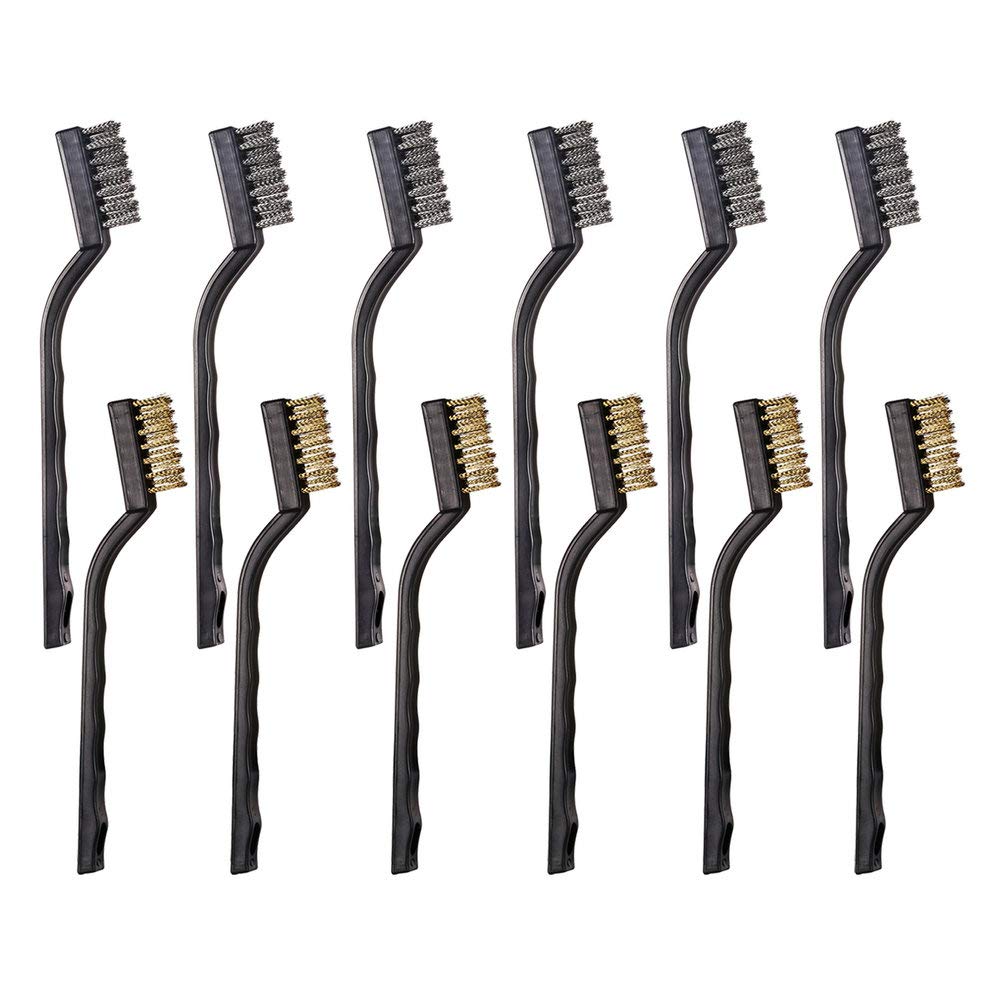 12PCS Mini Wire Brushes, Stainless Steel & Brass Brush Set, Curved Handle Scratch Brush for Automotive, Cleaning Welding Slag an