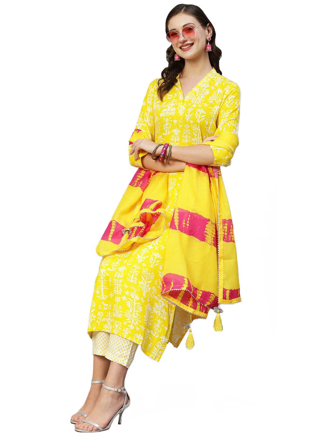 Gosriki Women'S Cotton Blend Straight Printed Kurta With Pant & Dupatta (Bagru-Yellow-Tnw-Gs_Xl_Yellow_X-Large),Yellow,,B0C5JRLX8V