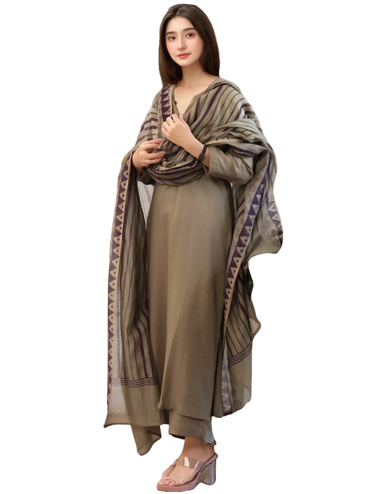Anni Designer Women'S Rayon Viscose Straight Solid Kurta With Pant & Dupatta (Tarnish Chiku_L_Beige_Large),Beige,L