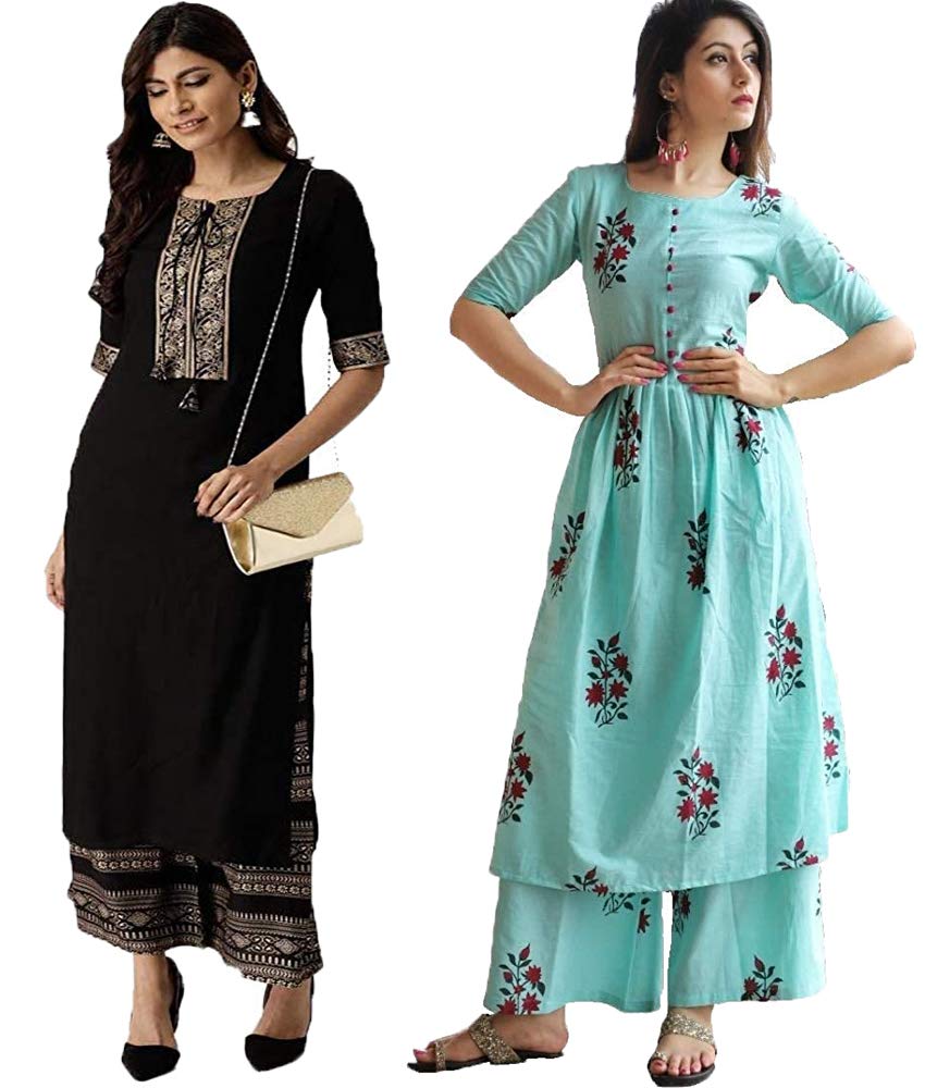 Anni Designer Women'S Printed Straight Kurta With Palazzo (Chand & Kuz_M),Multicolour,M