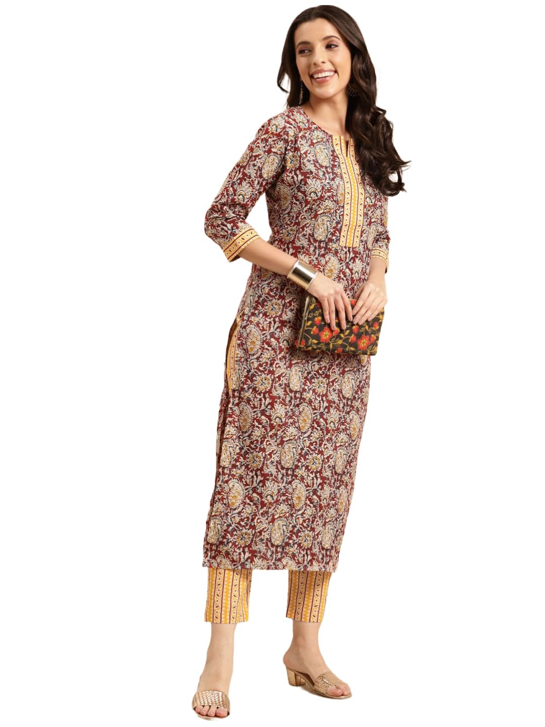 Anni Designer Women'S Cotton Blend Printed Straight Kurta With Pant (Kalam Red_M_Red_Medium),Red,M