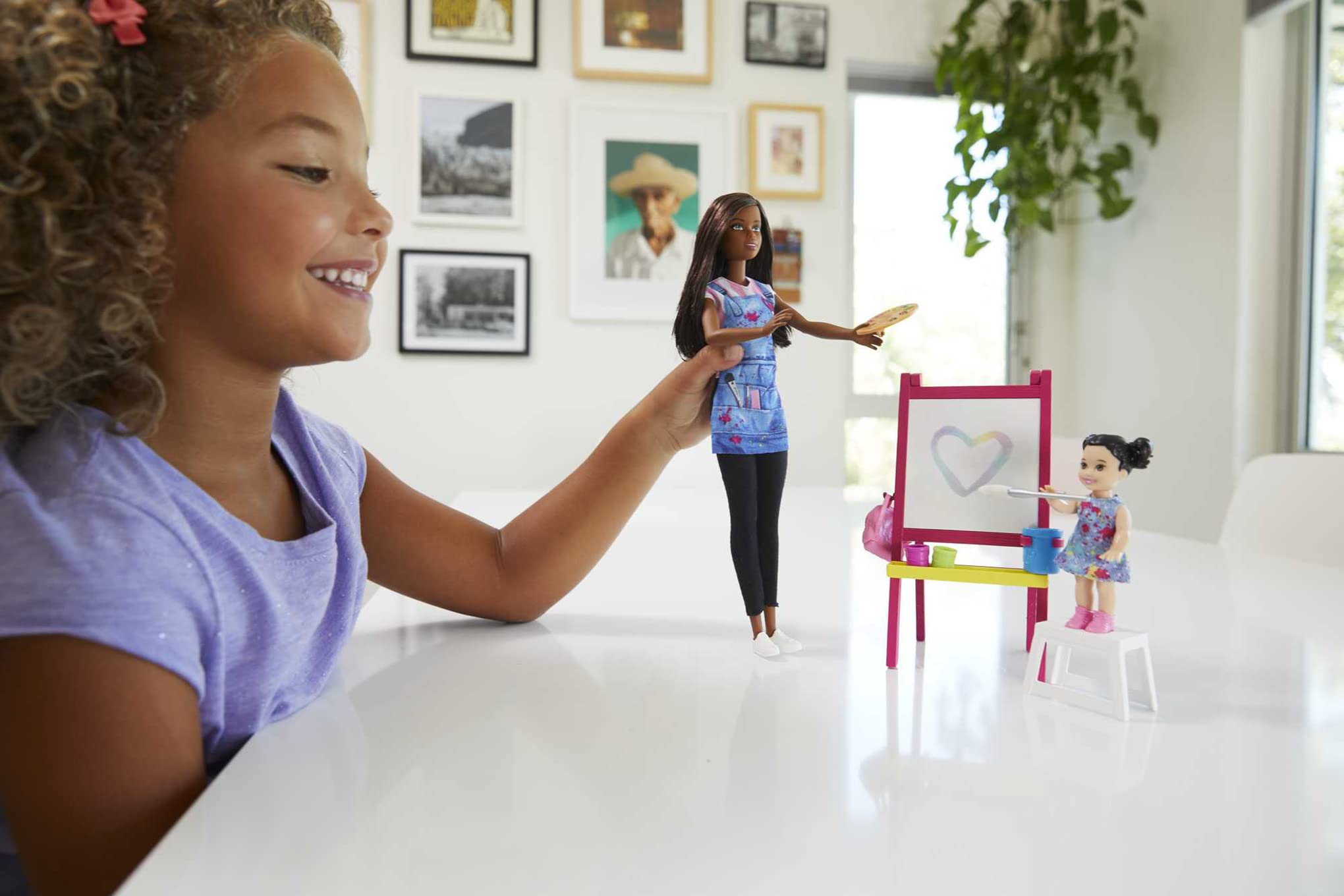 Barbie Careers Doll & Playset, Art Teacher Theme With Brunette Doll, 1 Toddler Doll, Color-Change Easel & Accessories
