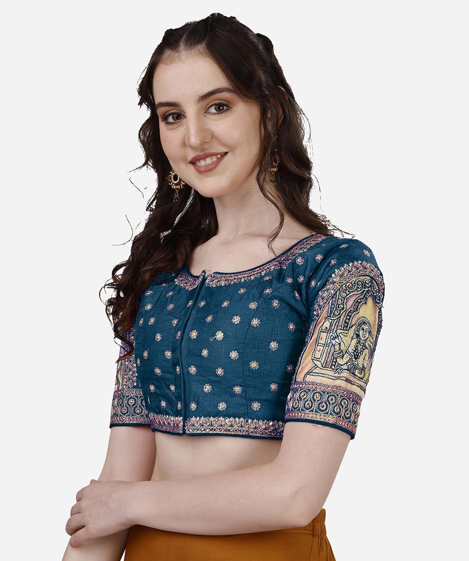 Vihu Fashion Women'S Heavy Embroidery Coding With Sequins And Diamond Work Half Sleeves Fancy Cutwork Readymade Saree Blouse.(Palace Morpeach_38)