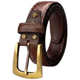 Crabby Hunt Brown Leather Belt With Crocodile Pattern And Metal Buckles