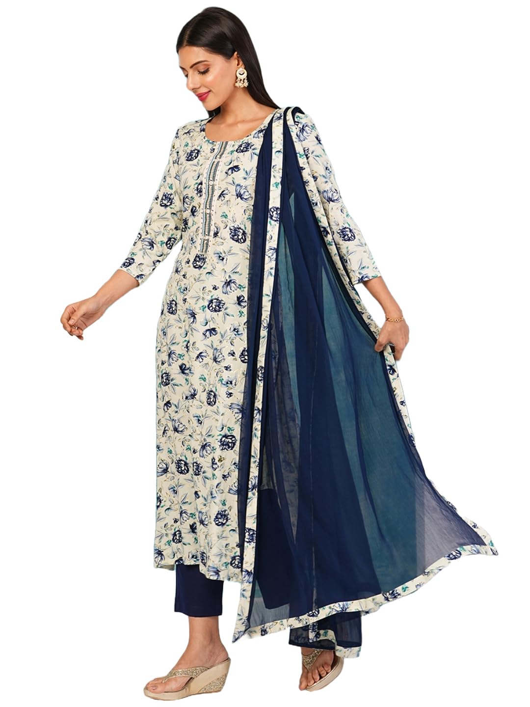 Anni Designer Women'S Cotton Blend Printed Straight Kurta With Pant & Dupatta (Gta Navy-Nw_Xxl_Navy Blue_Xx-Large),Navy Blue,2XL