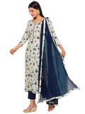 Anni Designer Women'S Cotton Blend Printed Straight Kurta With Pant & Dupatta (Gta Navy-Nw_M_Navy Blue_Medium),Navy Blue,M