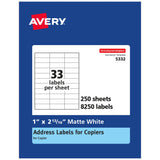 Avery Address Labels for Copiers, 1 x 213/16, 8,250 White Labels (5332)