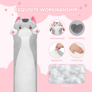 Mewaii Long Cat Plush Kids Body Pillow, 36 Inch Cute Gray Cat Stuffed Animals Soft Plushies, Kitten Kawaii Plush Throw Pillow Do