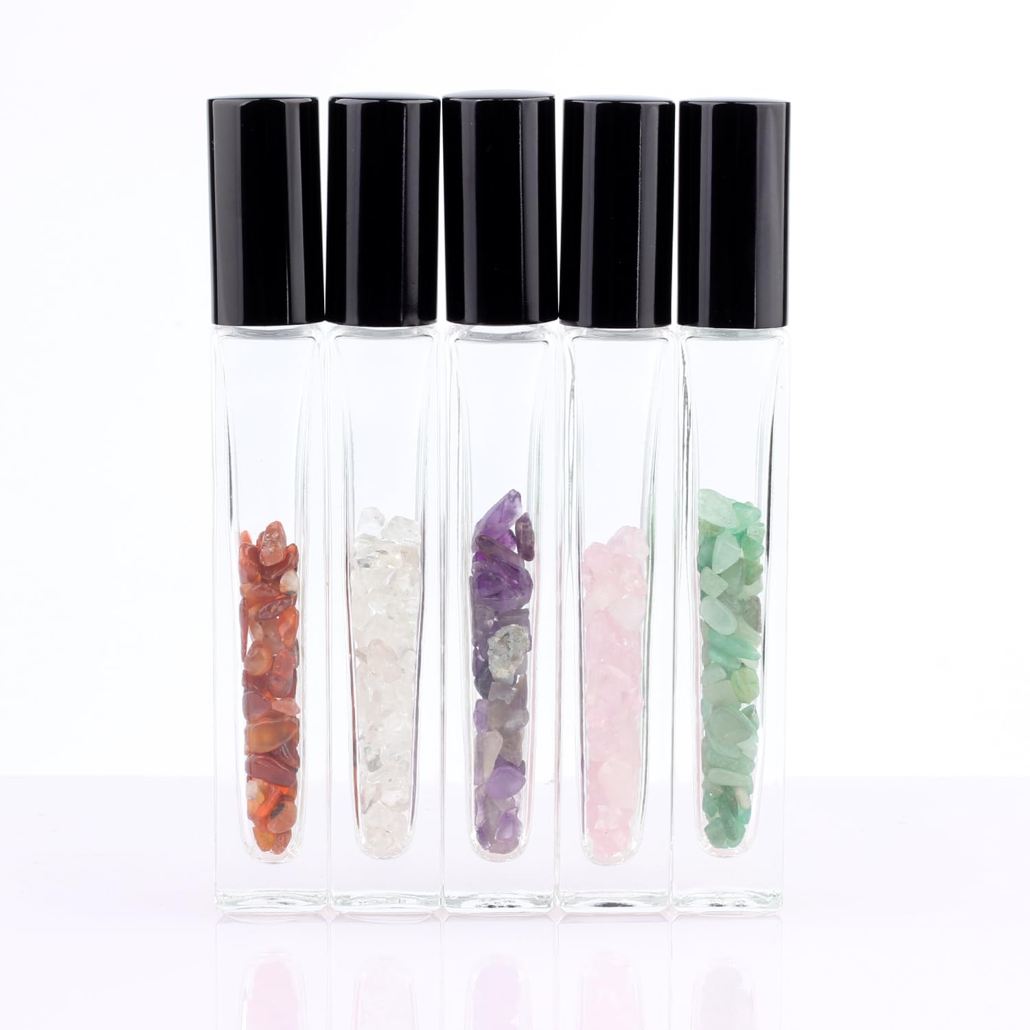 10ml Gemstone Roller Square Bottles Refillable Roll On Bottles Healing Crystal Chips Inside For Perfumes Aromatherapy Oils 5pack