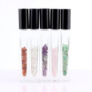 10ml Gemstone Roller Square Bottles Refillable Roll On Bottles Healing Crystal Chips Inside For Perfumes Aromatherapy Oils 5pack