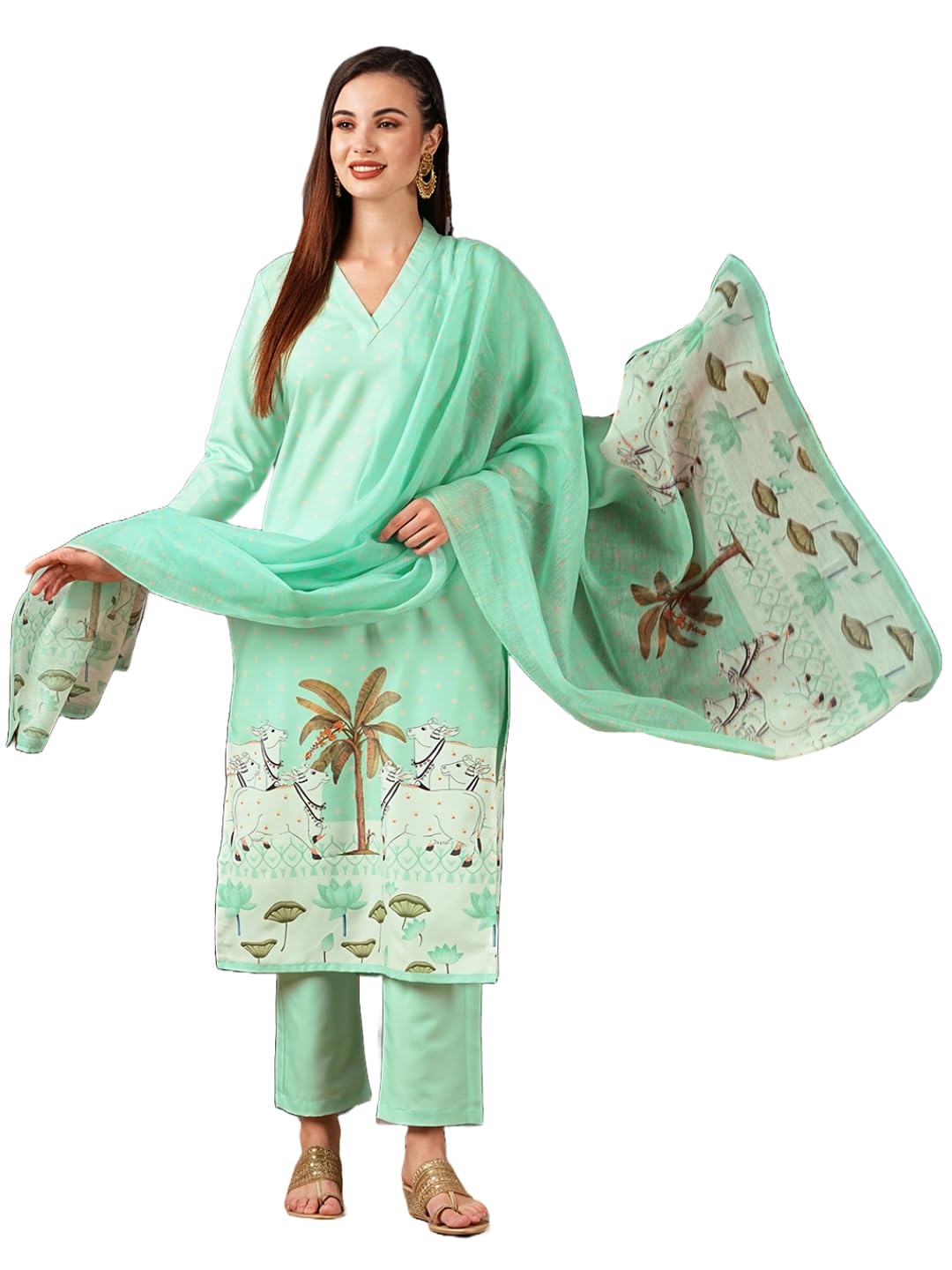 Anni Designer Women'S Cotton Blend Straight Printed Kurta With Pant & Dupatta (Gosala See Green-Nw_Xl_See Green_X-Large),See Green,XL,,,
