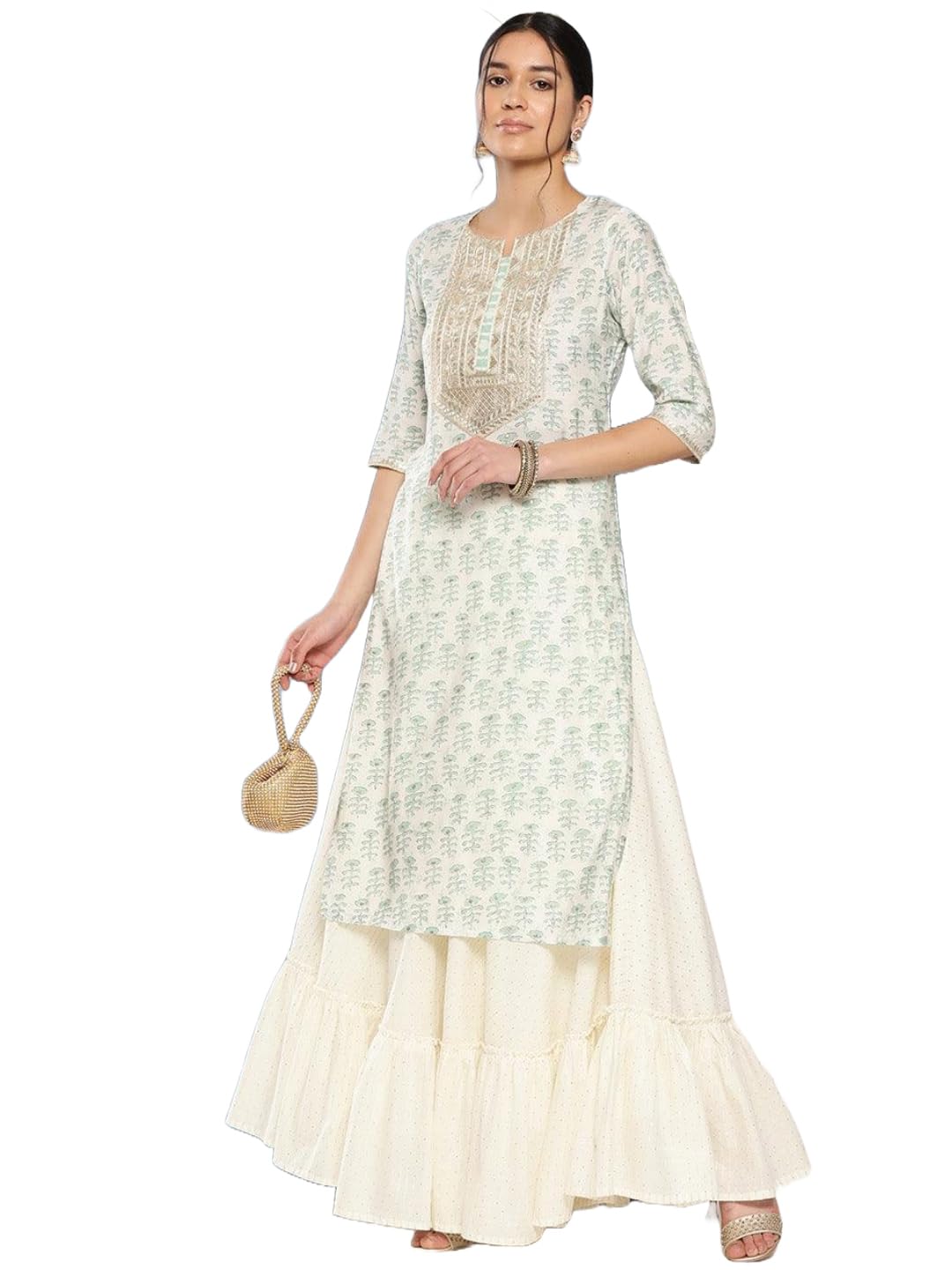 Anni Designer Women'S Cotton Blend Printed Straight Kurta (Chameli_Green_Large),Green,L