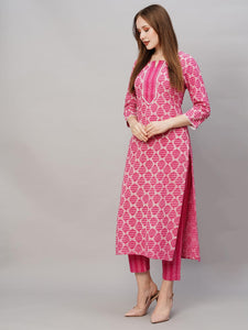 Gosriki Women'S Cotton Blend Printed Straight Kurta With Pant (Vanar-Pink-Gs_L_Pink_Large),Pink,,B0CD7SPX5T