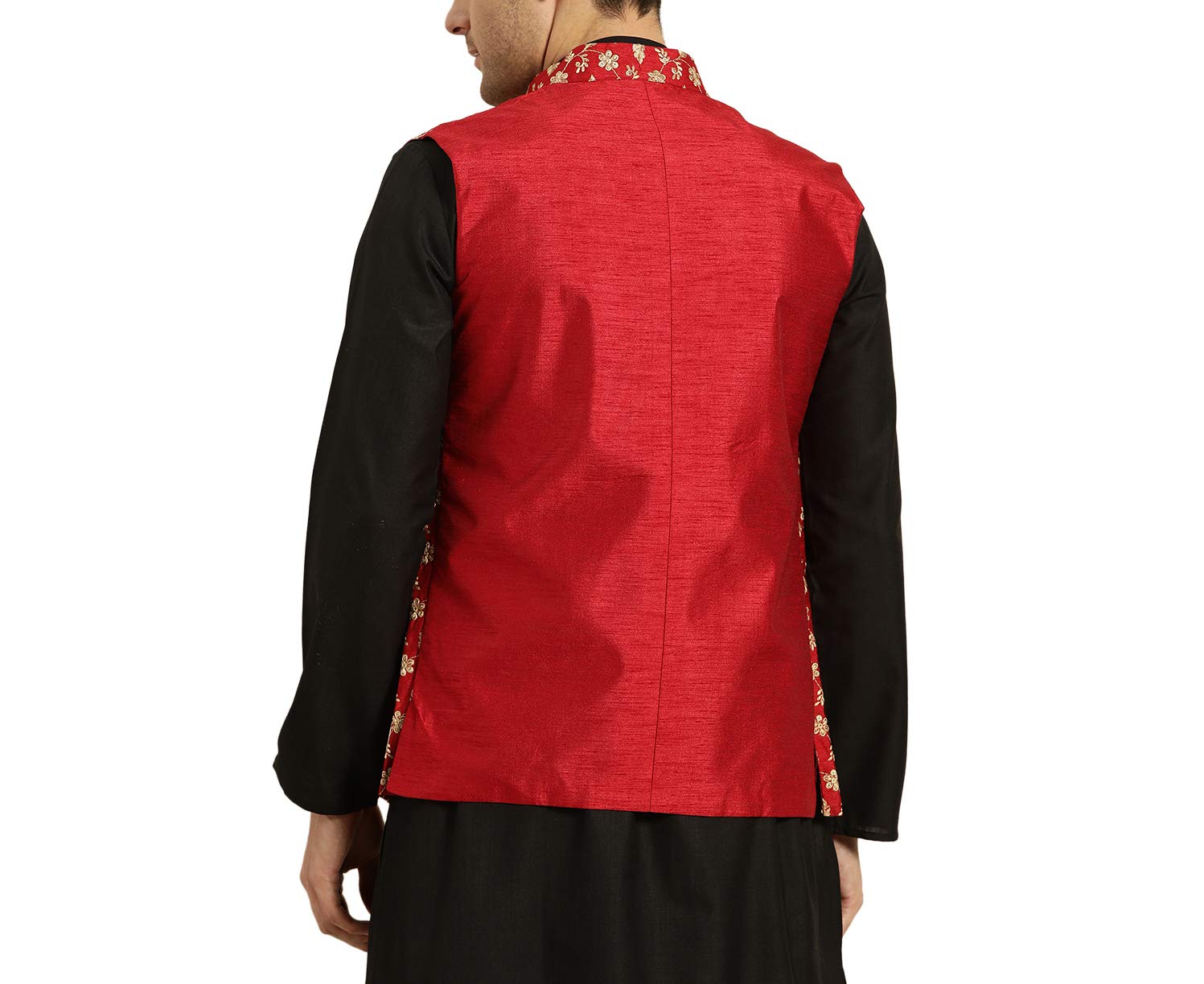 Sojanya (Since 1958, Mens Silk Blend, Red & Gold Embroidered Nehru Jacket, Size: 38