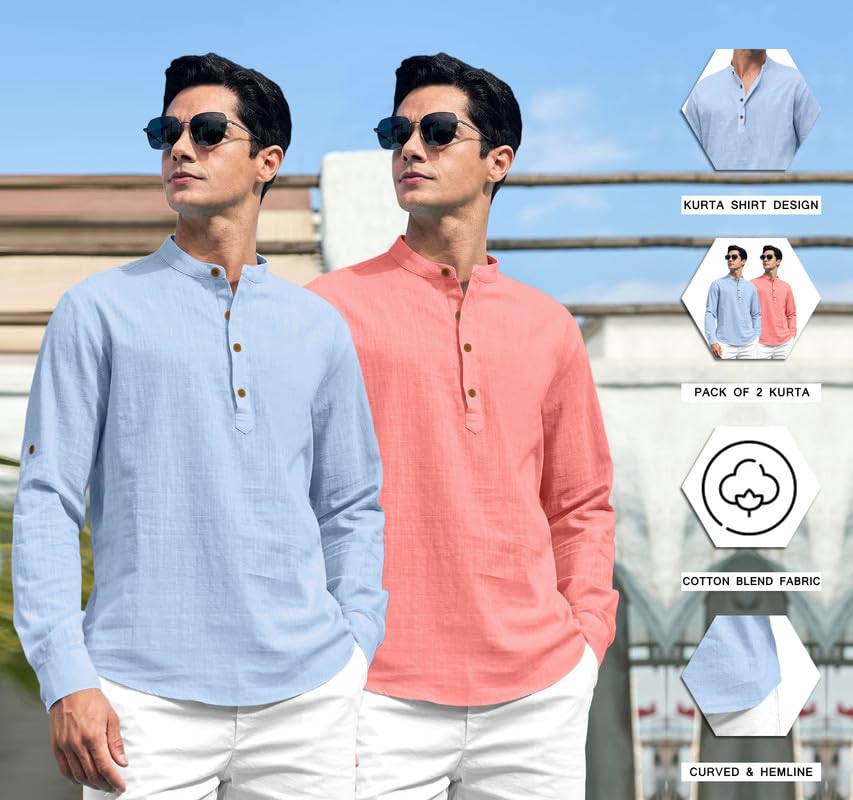 Royalscout Combo Of Men'S Solid Cotton Blend Full Sleeve Straight Kurta Shirt (Pack Of 2) Sky-Peach 2Xl