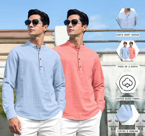 Royalscout Combo Of Men'S Solid Cotton Blend Full Sleeve Straight Kurta Shirt (Pack Of 2) Sky-Peach 2Xl