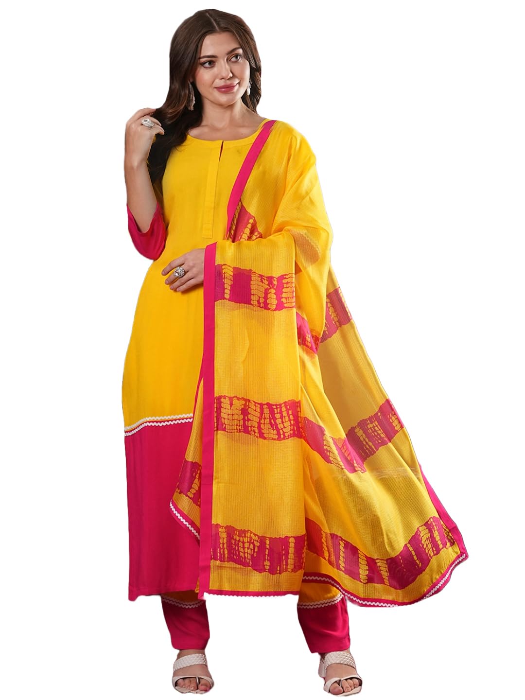 Gosriki Women'S Cotton Blend Straight Solid Kurta With Pant & Dupatta (Panai Yellow-Gs_M_Yellow_Medium),Yellow,,B0DM1TZ4JM
