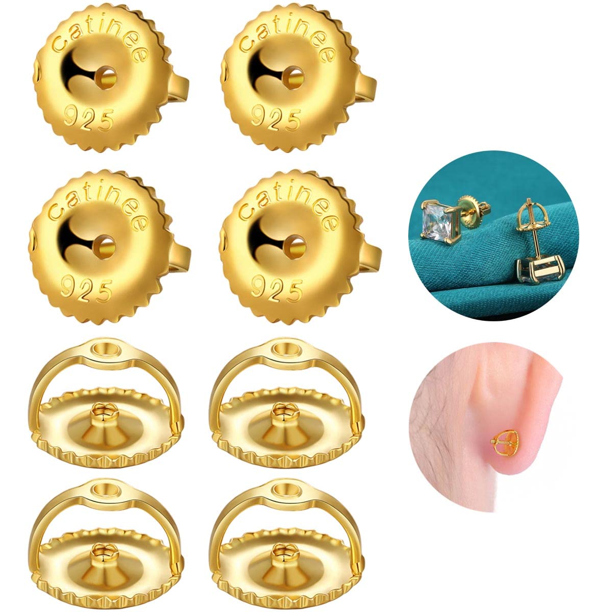 Catinee 4-Pairs Screw On Earring Backs,14K Gold Screw Backs Replacements,925 Stering Silver Screw Earring Backs Fit For 0.032 